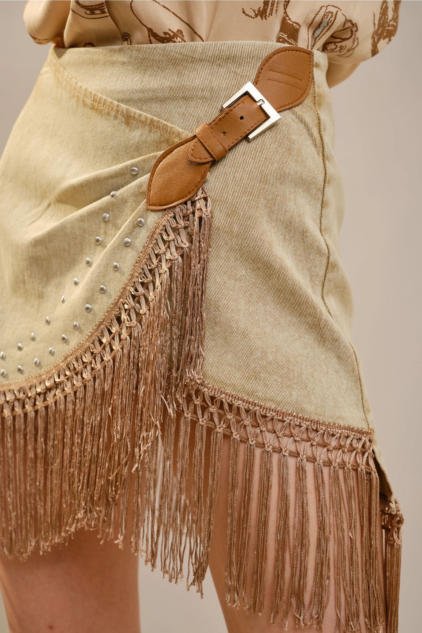 NEW!! Denim Fringe Wrap Skirt in Tan