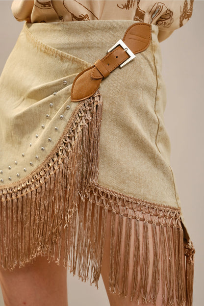 NEW!! Denim Fringe Wrap Skirt in Tan