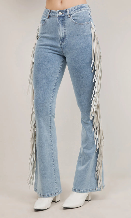 High Rise Fringe Jeans in Light Wash - PREORDER