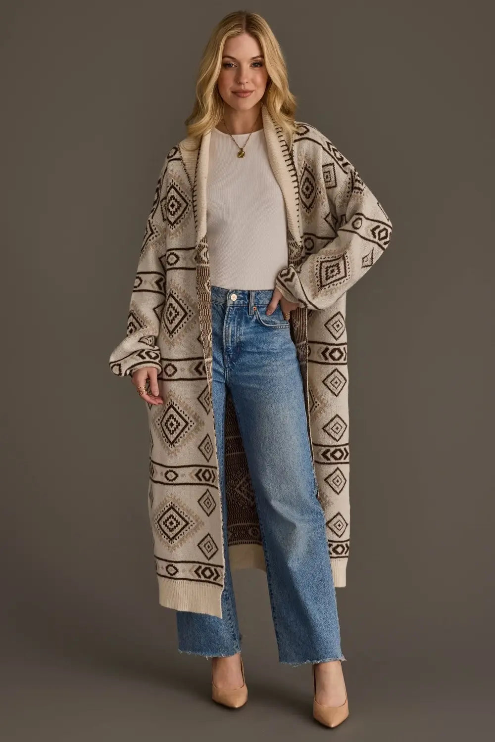 "Frontier" Aztec Print Cardigan in Cream