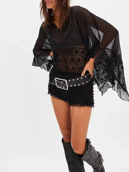 FINAL SALE!! Sheer Lace Trim Top in Black