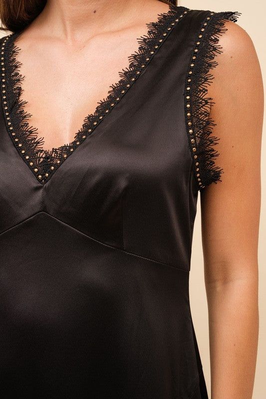 FINAL SALE!! "Callie" Satin Lace Studded Dress in Black