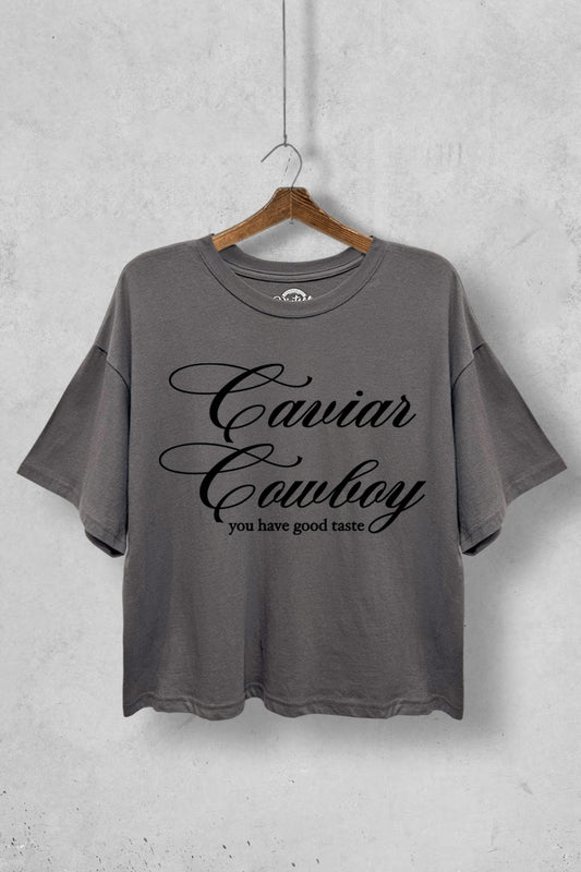 Cowboy Caviar Cropped Graphic Tee in Grey