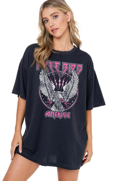 NEW!! Free Bird America Graphic Oversized Tee w/ Pink Writing