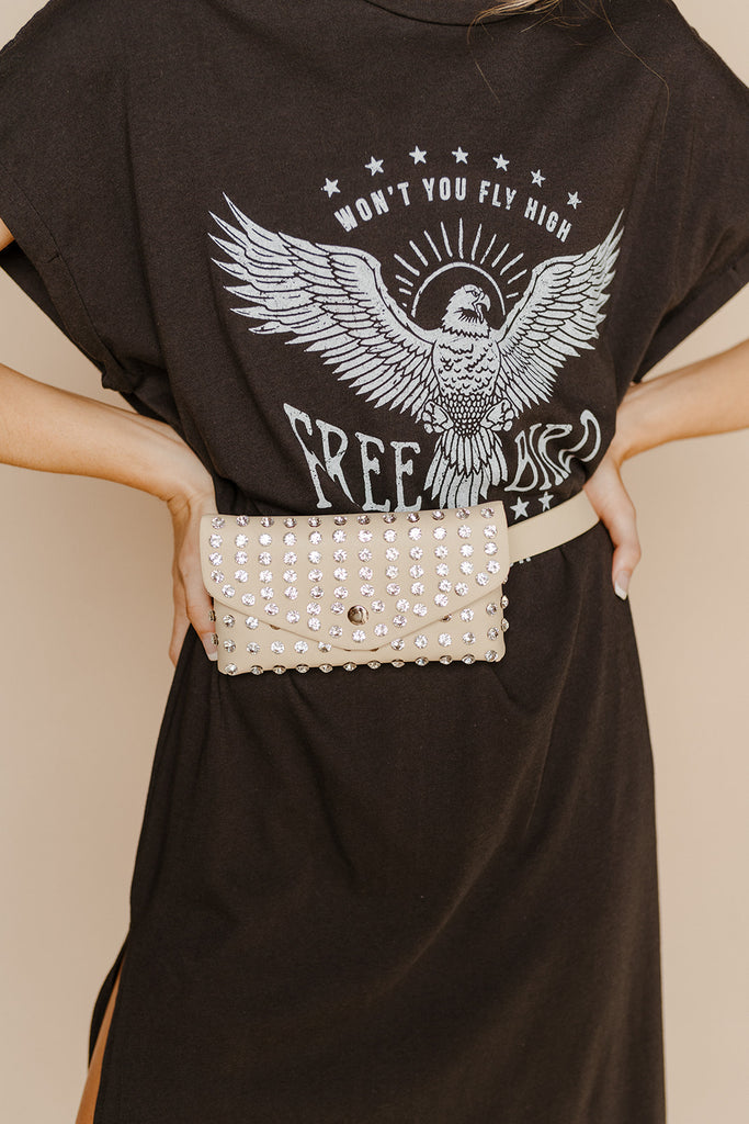 “Freebird” Graphic T-Shirt Dress in Washed Black