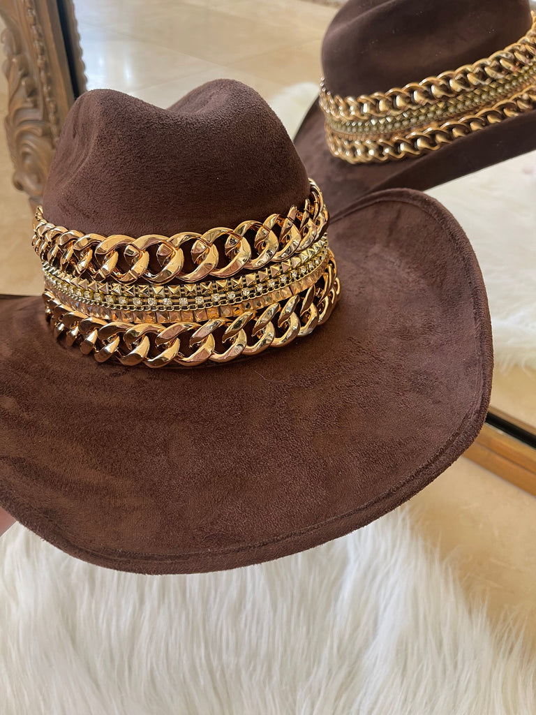 GB ORIGINAL!! The “Beth Dutton” Chain Banded Suede Hat in Brown