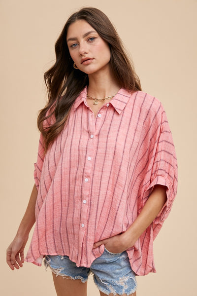 BEST SELLER!! Jordan Striped Button Down Top in Melon