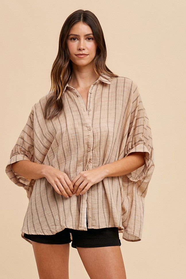 BEST SELLER! Jordan Striped Button Down Top in Mocha - PRE ORDER