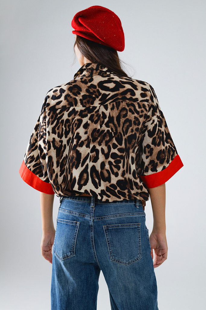 NEW! Relaxed Leopard Print Shirt with 3/4 Sleeves and Red