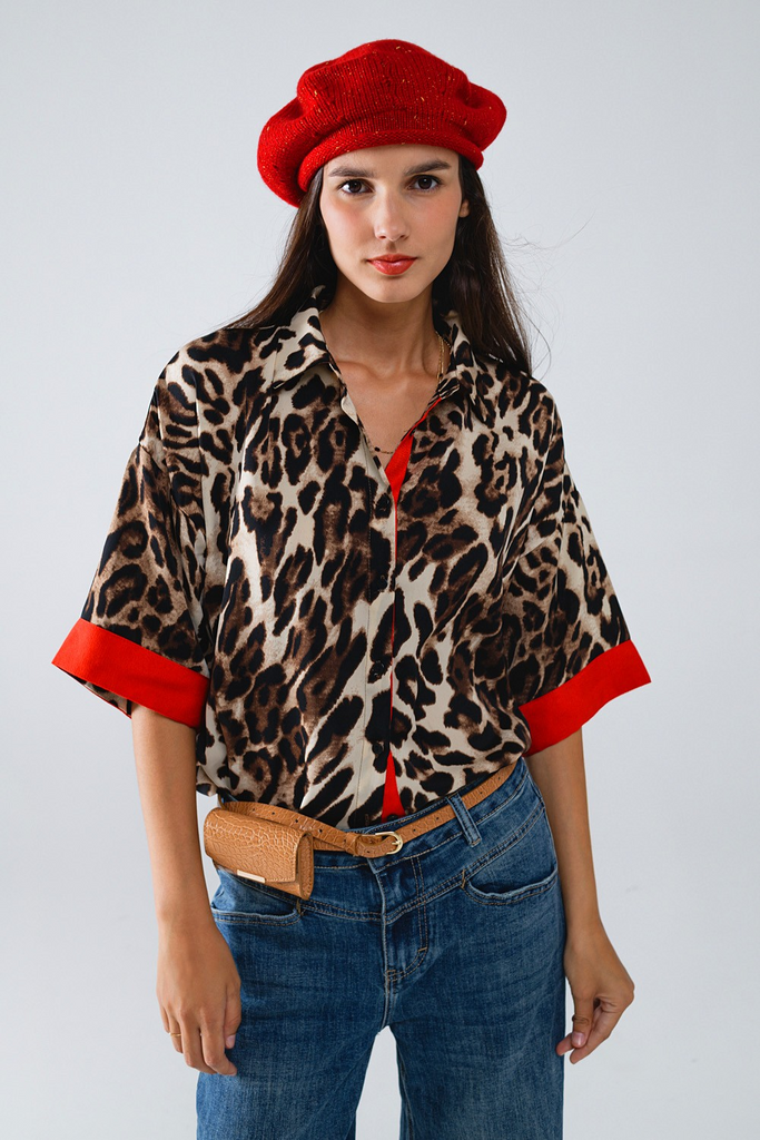 BEST SELLER! Relaxed Leopard Print Shirt with 3/4 Sleeves and Red