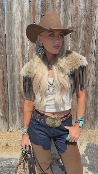 Vintage Coyote Fur & Leather Fringe Collar - Small Size