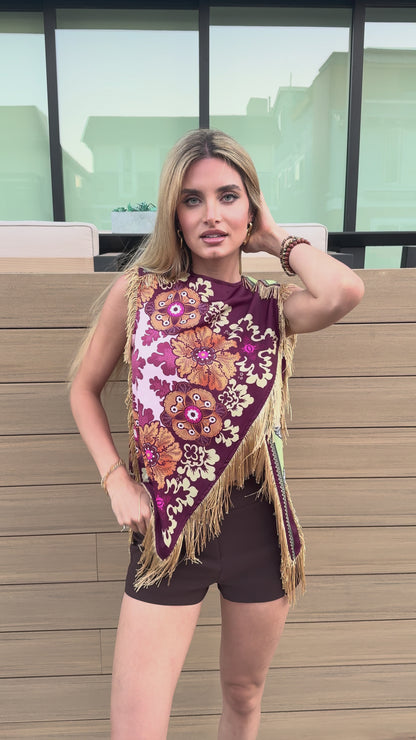 Asymmetric Tassel Trim Scarf Top