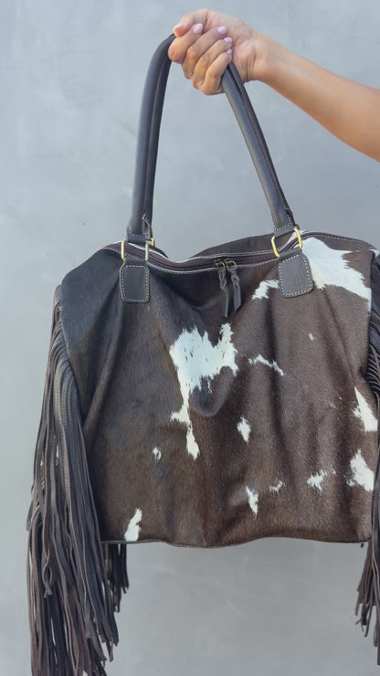 Cowhide Fringe Weekender Bag - Dark Brown