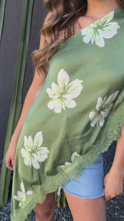 FINAL SALE!! Asymmetric Lace Top in Green Floral