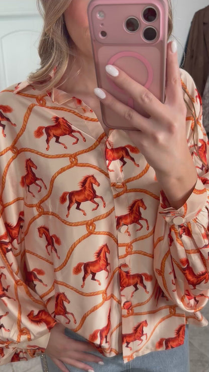 Horseprint Satin Top in Coral