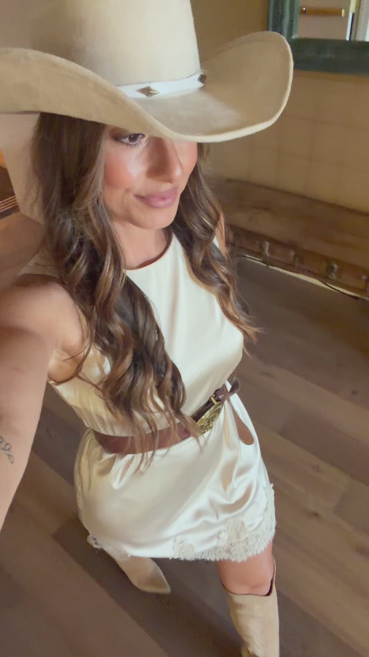 Sleeveless Satin Lace Dress in Champagne