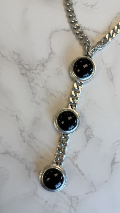 Cabachon Triple Drop Necklace in Silver & Black