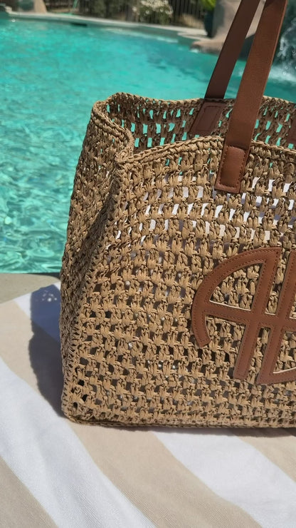 "At The Coast" Straw Beach Tote in Tan