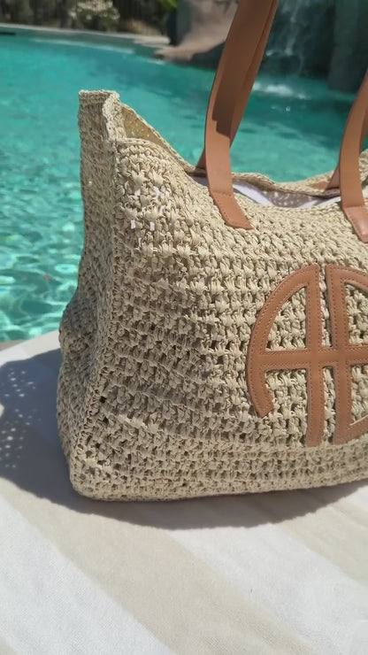 "At The Coast" Straw Beach Tote in Beige