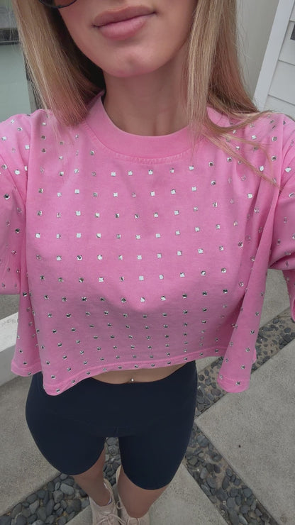 The “Dallas" Cropped Rhinestone Tee in Pink