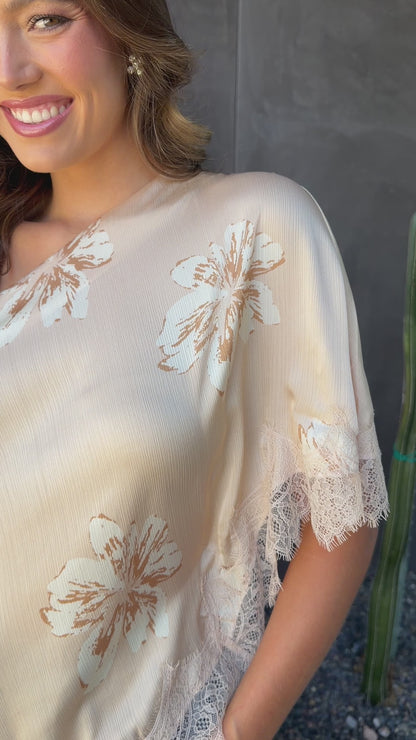 FINAL SALE! Asymmetric Lace Top in Nude Floral