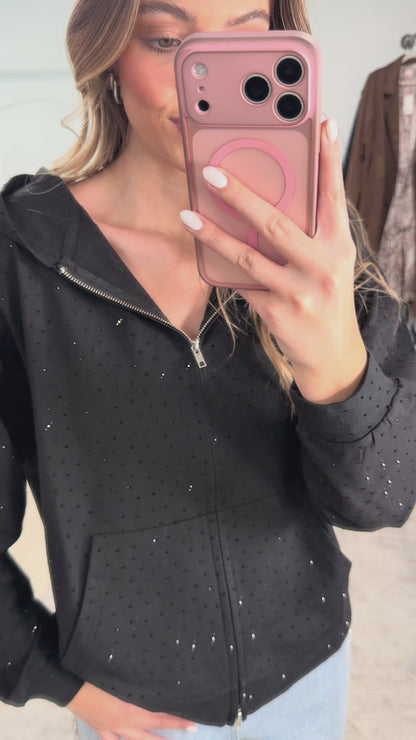 NEW!! "Off Duty" Rhinestone Zip Up Hoodie in Black