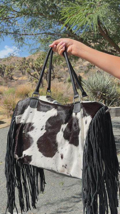 Cowhide Fringe Weekender Bag - Black