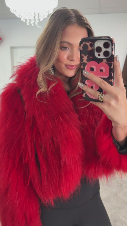 #43 Vintage Dyed Red Cropped Racoon Fur Jacket