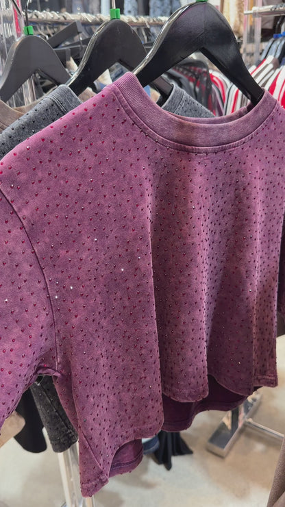The “Brooklyn" Cropped Rhinestone Tee in Maroon