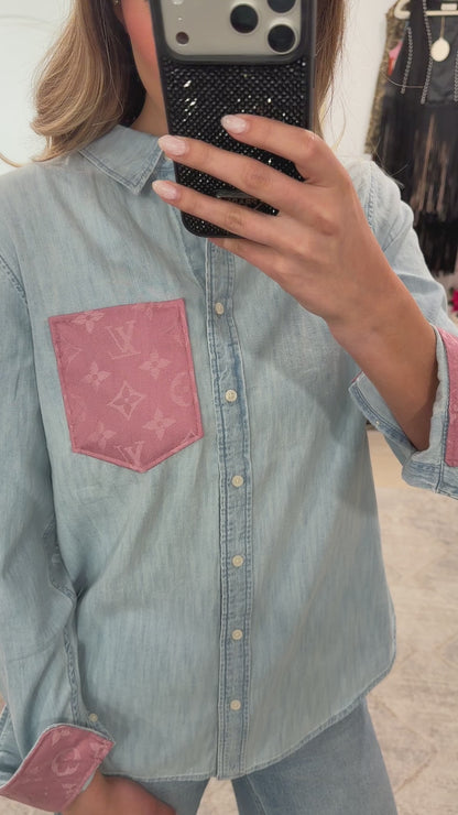 Designer Repurposed Denim Shirt w/ Designer Pink Scarf