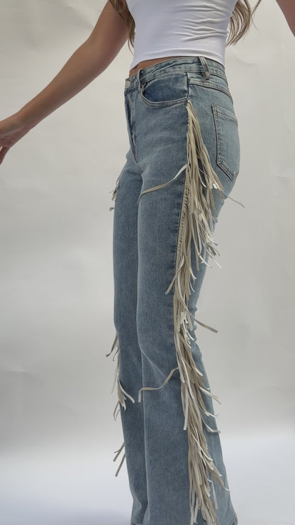 High Rise Fringe Jeans in Light Wash