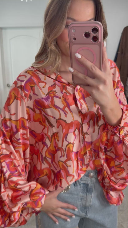 NEW!! Horseprint Satin Top in Orange & Pink