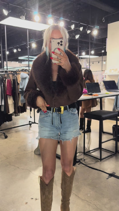 NEW!! Harley Fur Trim Denim Jacket in Brown