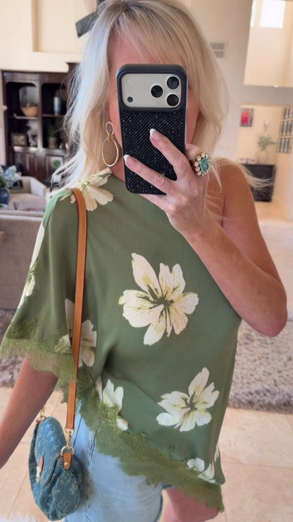 Asymmetric Lace Top in Green Floral