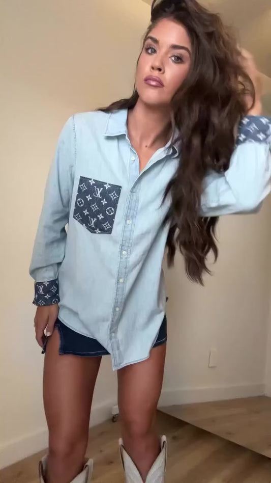 LIMITED EDITION!!  Designer Repurposed Denim Shirt w/ Designer Denim Scarf - PRE ORDER