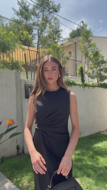 FINAL SALE!! Sleeveless Draped Gold Accent Midi Dress