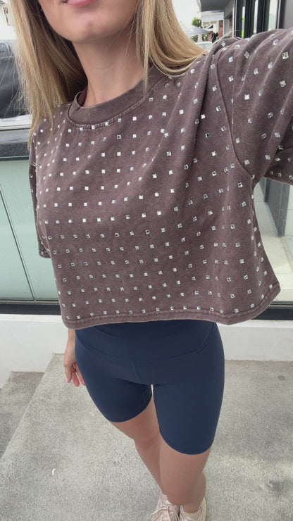 The “Dallas" Cropped Rhinestone Tee in Brown