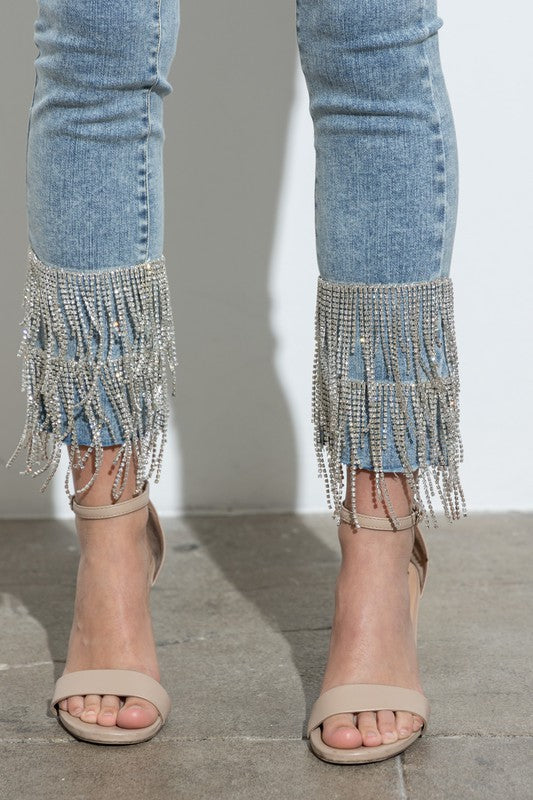 NEW!! The Wright Rhinestone Fringe Jeans in Light Denim