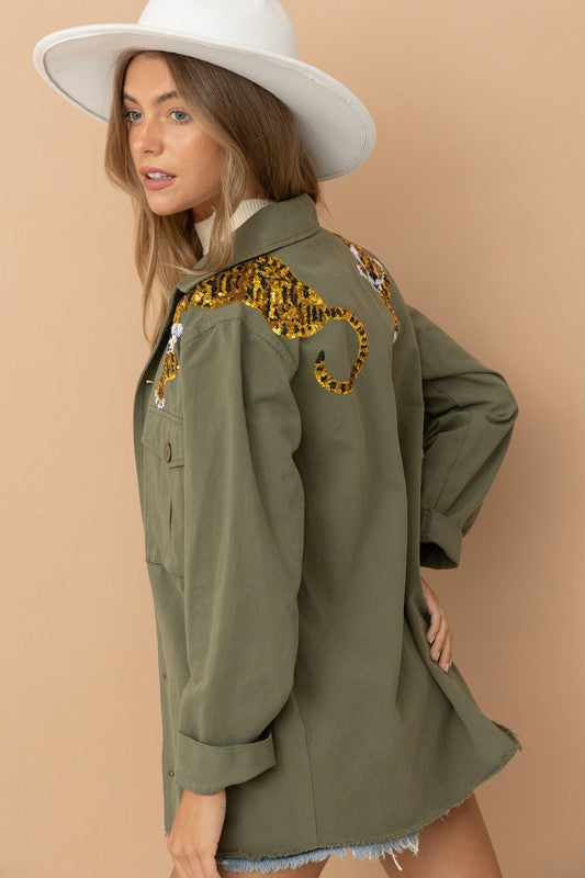 NEW!! Sequin Tiger Shacket in Olive