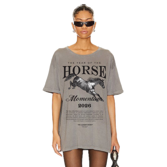 "Year Of The Horse" Oversized Graphic Tee in Grey