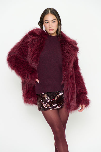 Salt Lake Faux Fur Coat - Merlot