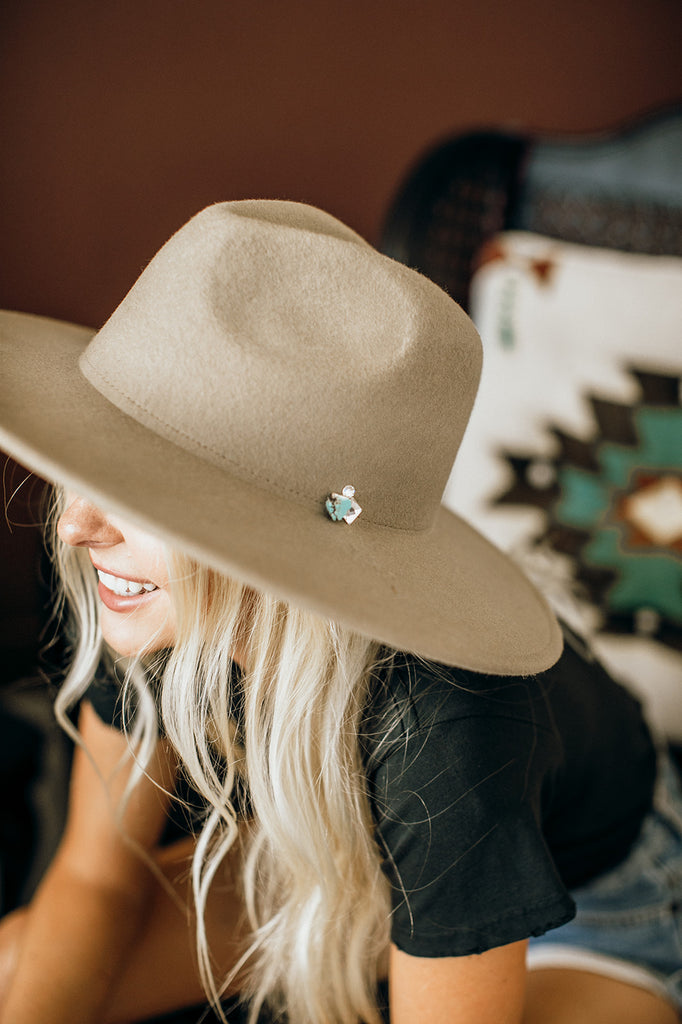 The Cameron Turquoise and Crystal Panama Hat in Taupe - Glitzy Bella