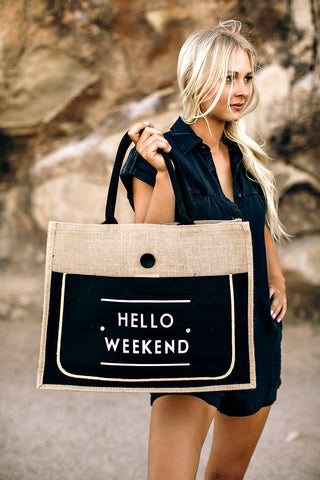 "HELLO WEEKEND" Jute Tote Bag - Glitzy Bella