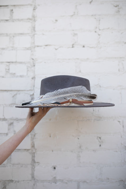 FINAL SALE!! The Navajo Feather Banded Suede Hat in Grey