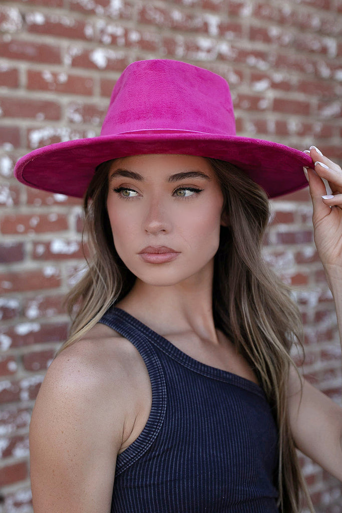 NEW!! The Luna Banded Suede Hat in Fuschia