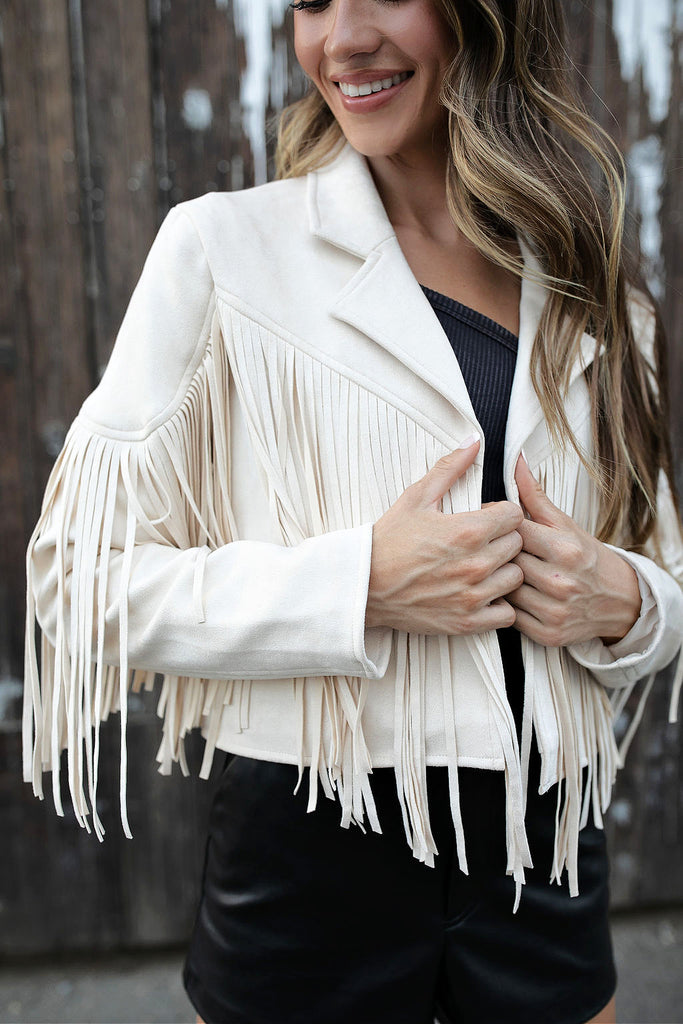 NEW!! Cropped Fringe Faux Suede Jacket in Cream