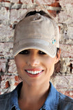 IN STOCK! Washed Cotton Beige Ball Cap w/ Turquoise - Glitzy Bella