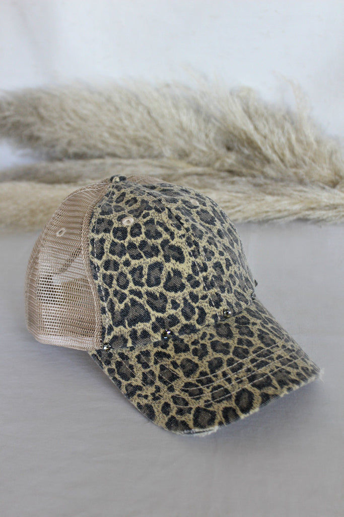 Cheetah criss cross ponytail hat