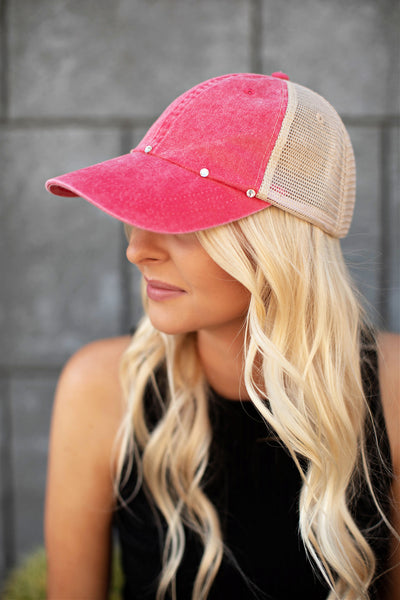Washed Cotton Criss Cross Ponytail Ball Cap in Coral