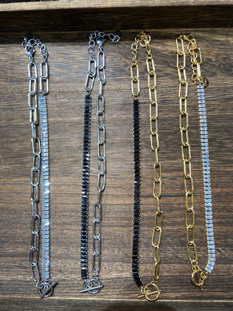 NEW!! Crystal Baguette and Link Necklace in Silver w/ Black Crystal